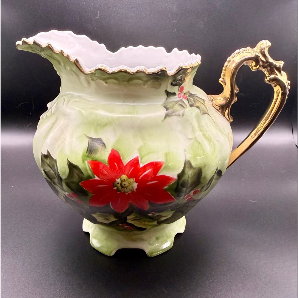 Vintage Lefton China Hand Painted Christmas Pitcher Poinsettia Holly Gold Trim